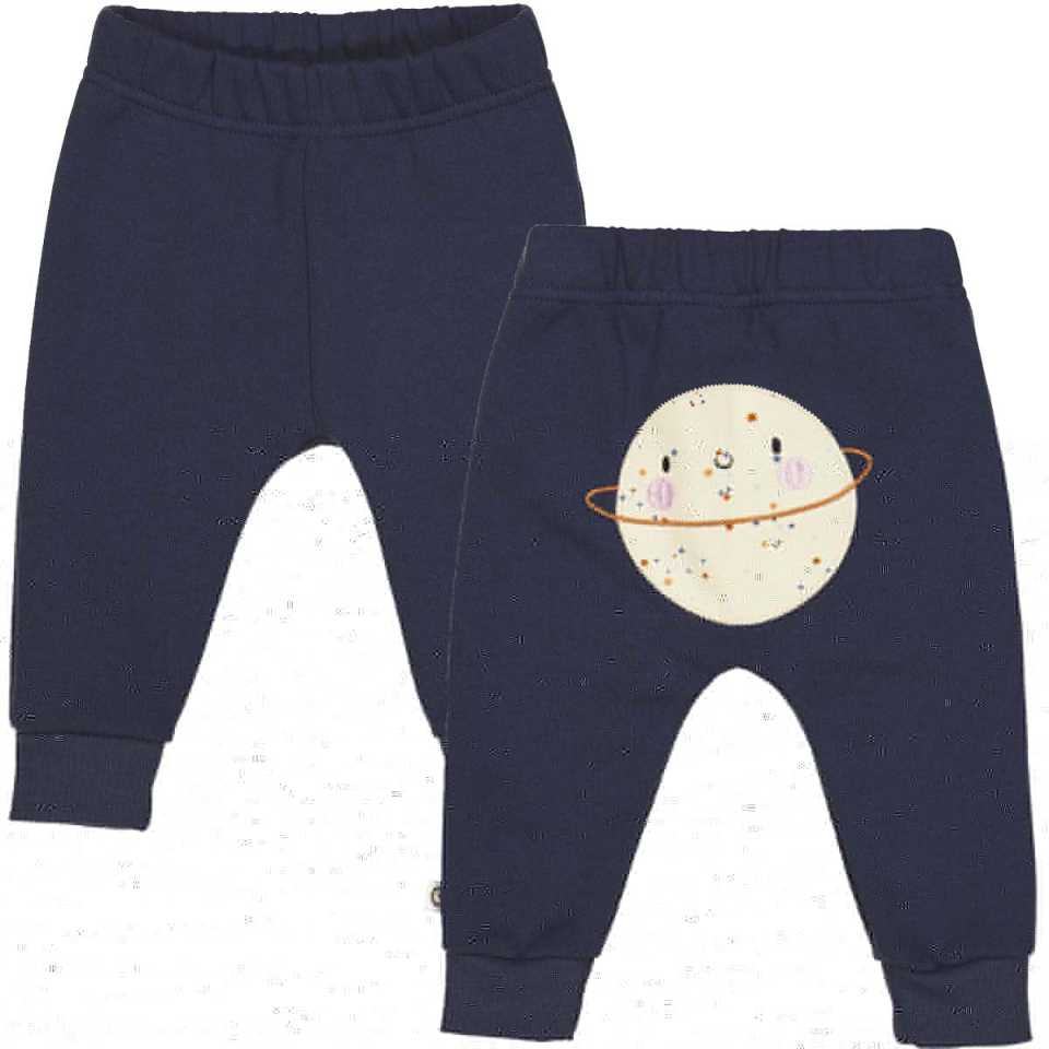 Pantaloni bleumarin cu planetă aplicată, din bumbac organic