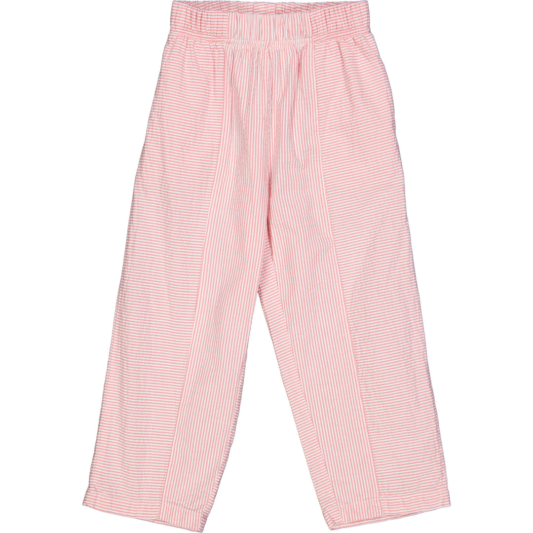 Pantaloni cu dungi roz din bumbac creponat (seersucker)