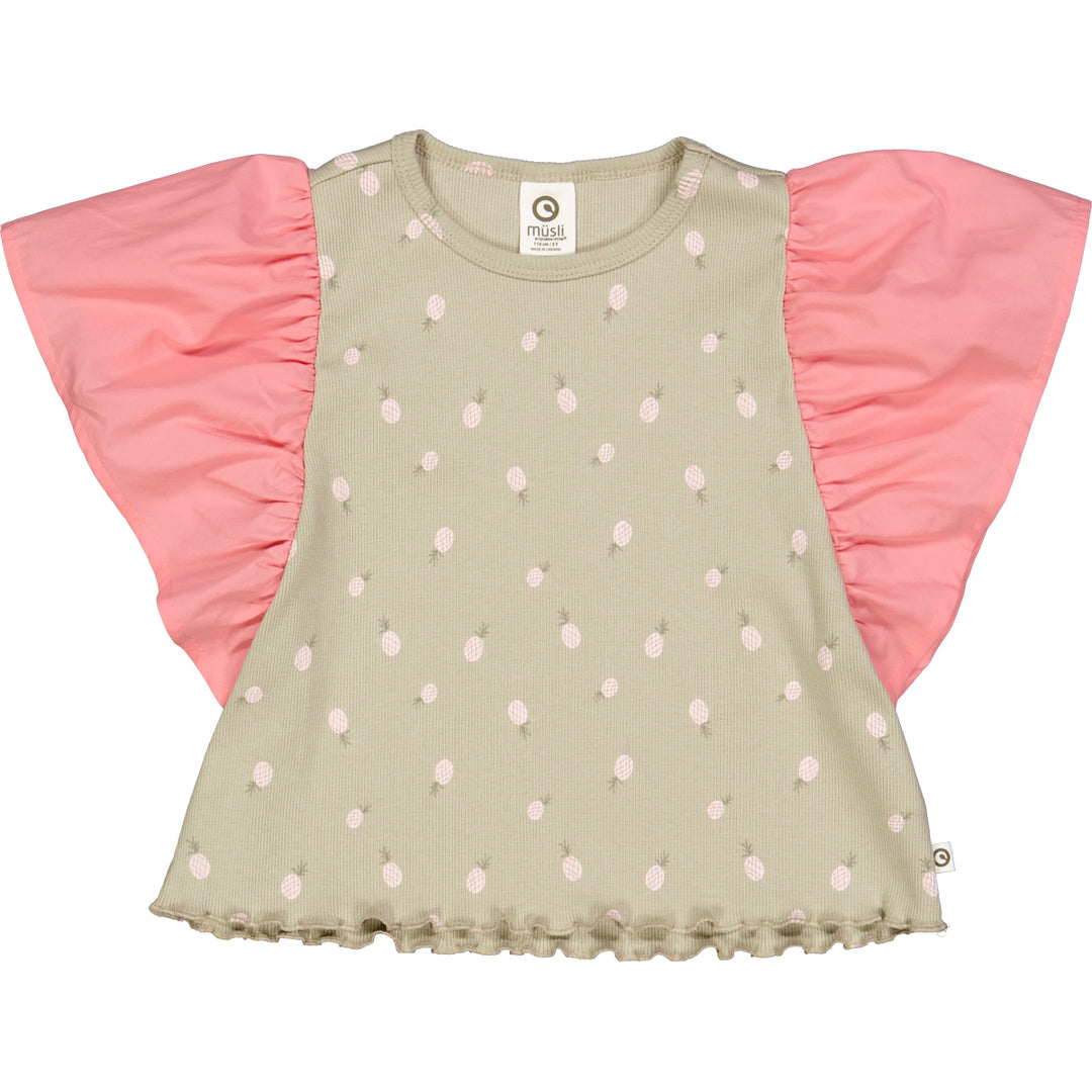 Tricou cu imprimeu ananas și mâneci fluture