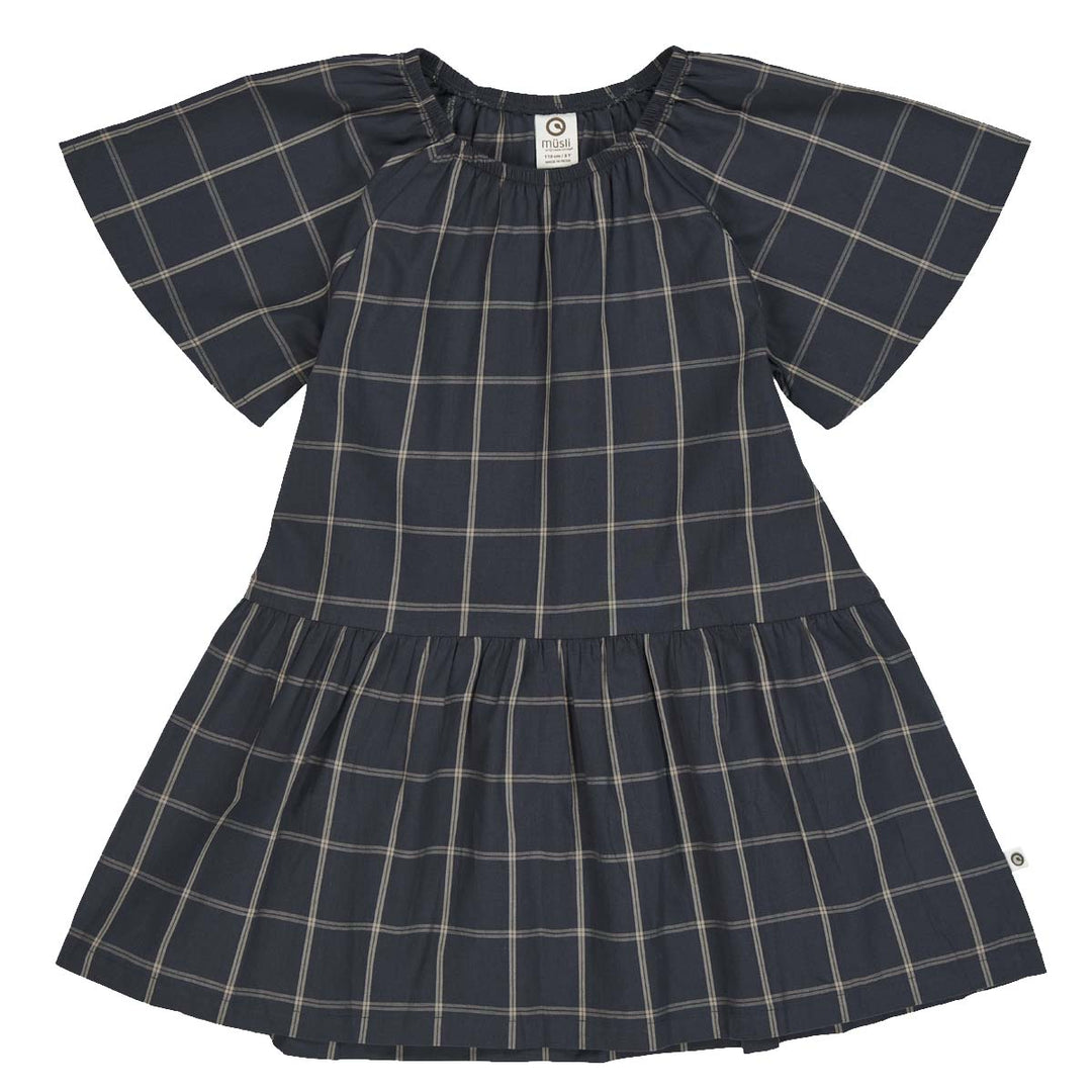 Rochie vaporoasă cu carouri pe fond bleumarin