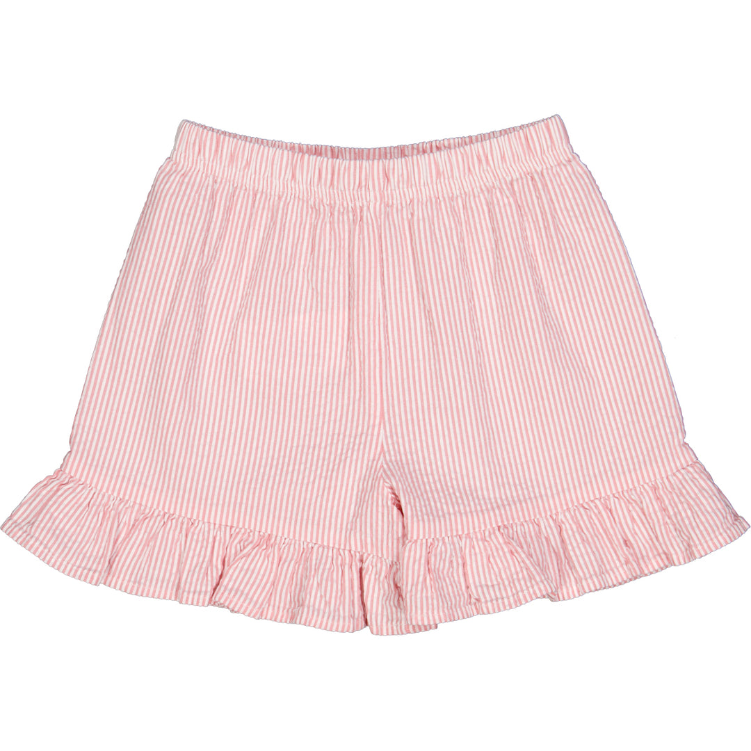 Pantaloni scurți cu dungi roz și volănașe din bumbac creponat (seersucker)