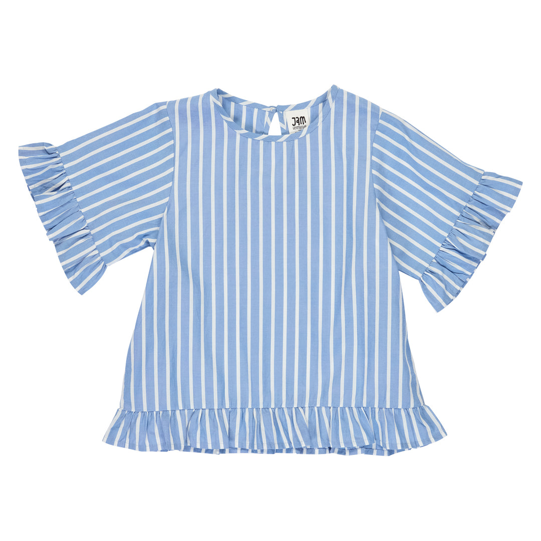 Tricou din bumbac poplin cu dungi și volănașe, crem și albastru