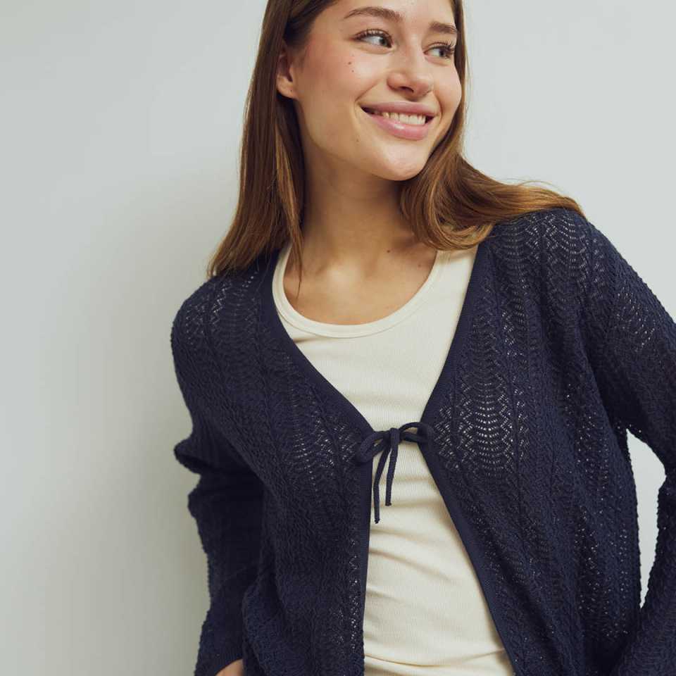 Cardigan tricotat cu model pointelle și șnur, bleumarin