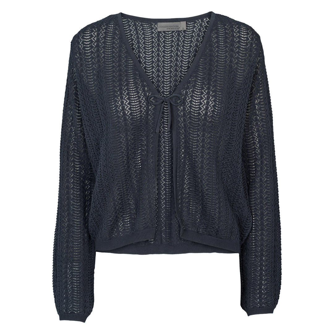 Cardigan tricotat cu model pointelle și șnur, bleumarin