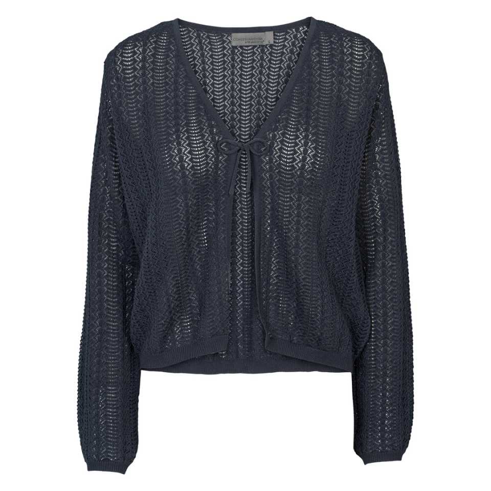 Cardigan tricotat cu model pointelle și șnur, bleumarin