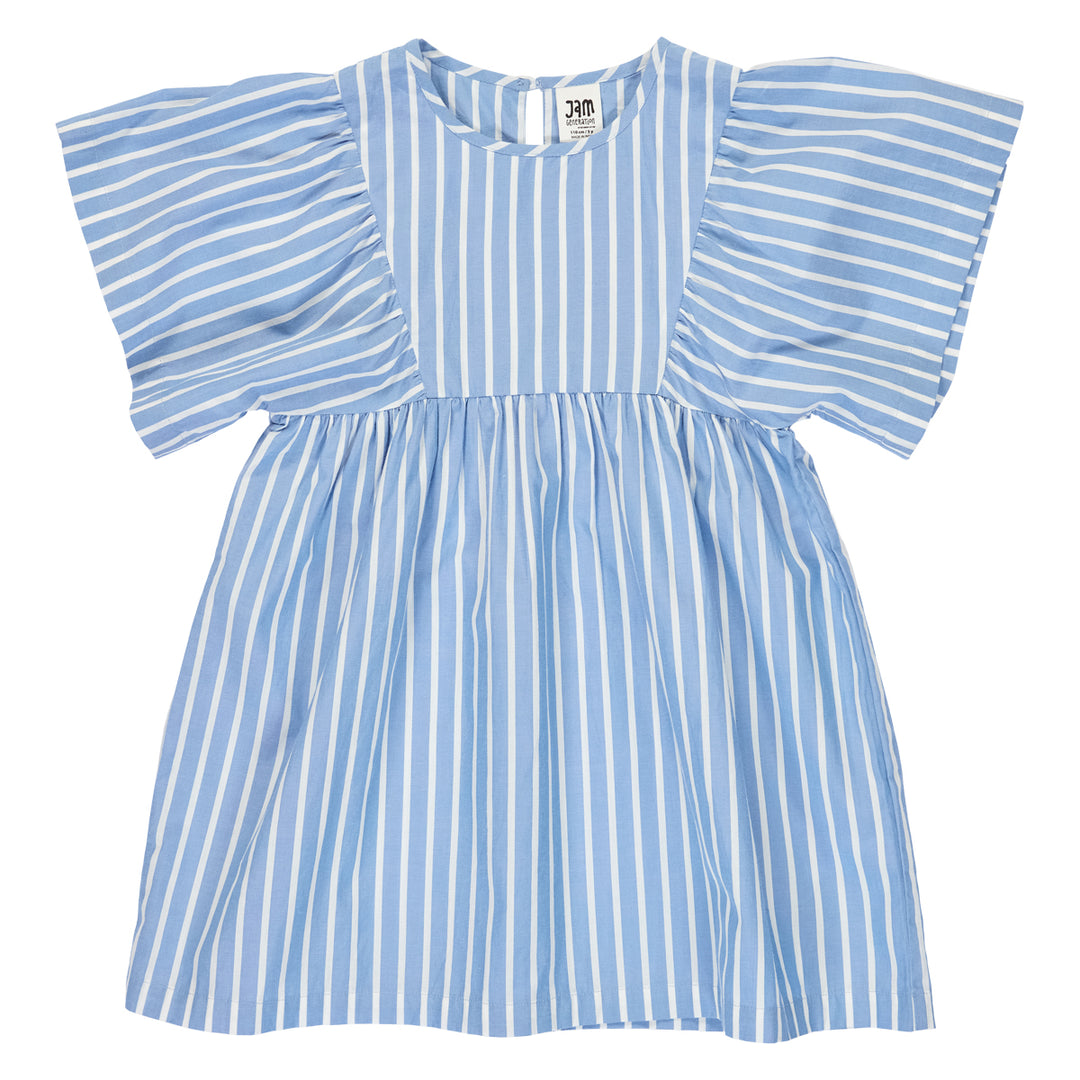 Rochie din bumbac poplin cu dungi și mâneci largi, crem și albastru