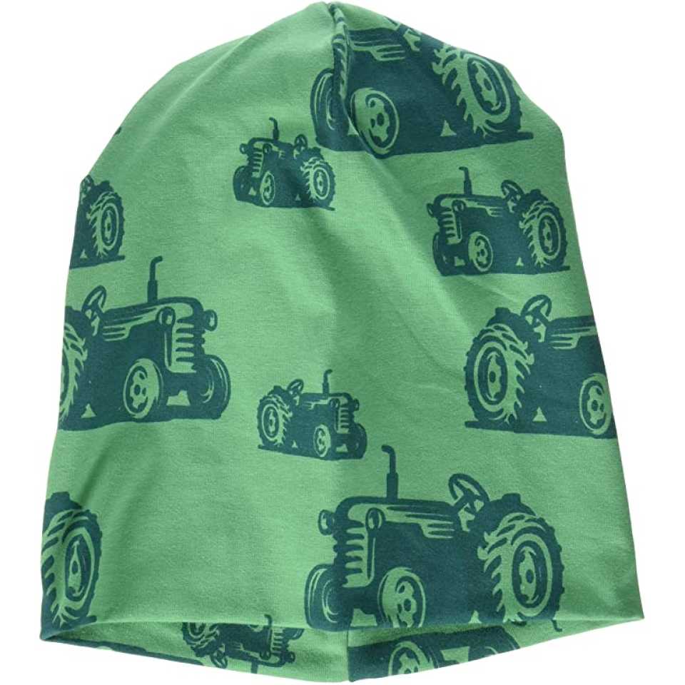 Căciulă verde din bumbac cu imprimeu tractorașe