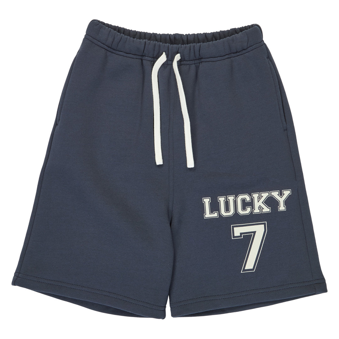 Pantaloni scurți baggy cu imprimeu Lucky 7, bleumarin