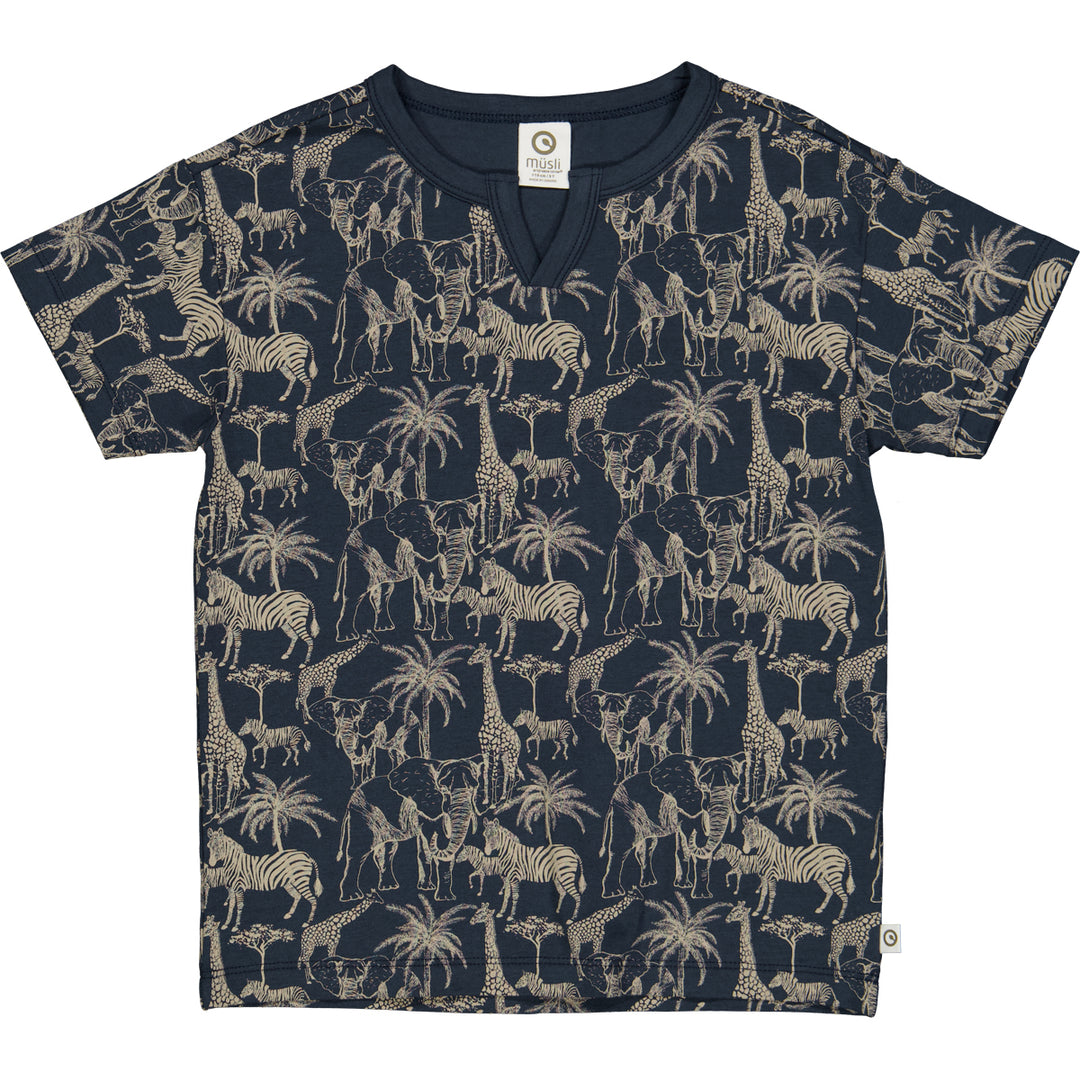 Tricou cu guler în V și imprimeu safari, albastru și crem
