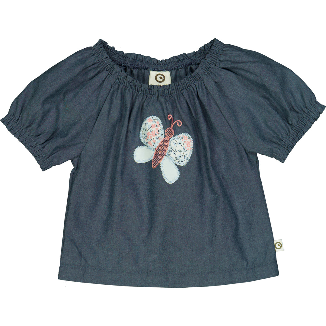 Tricou cu mâneci bufante și broderie, chambray