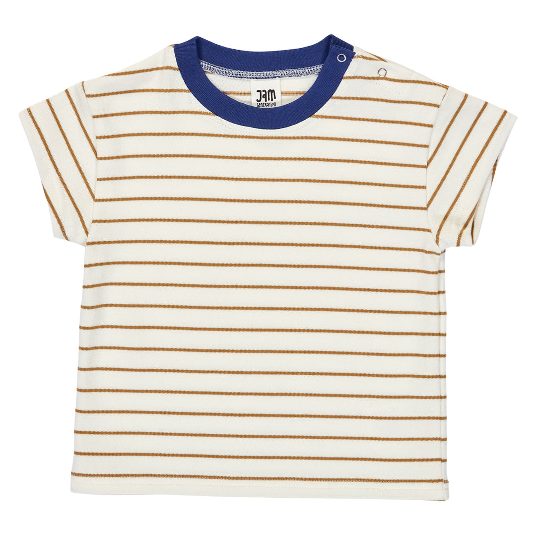 Tricou cu dungi crem și margine bleumarin