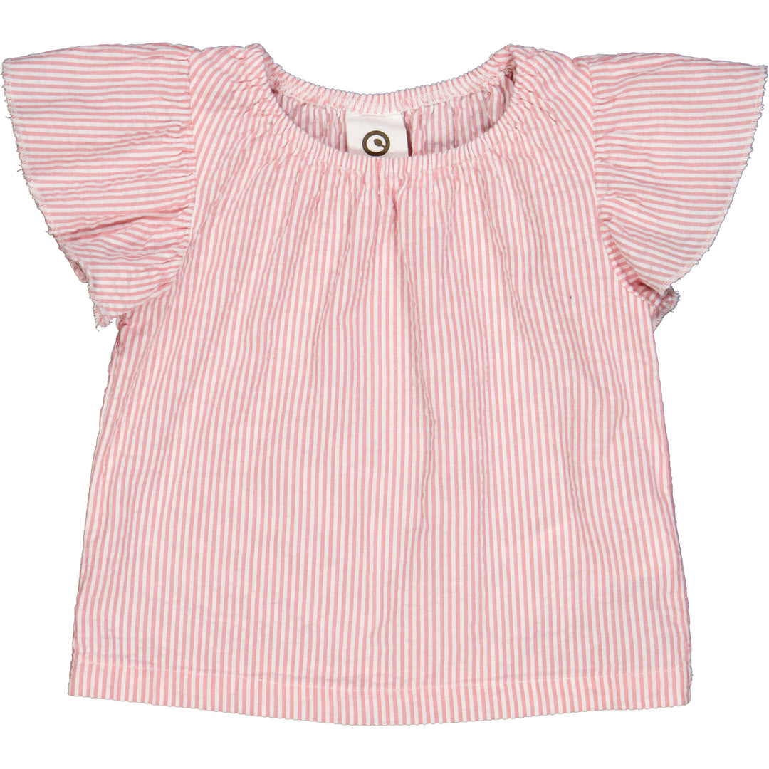 Tricou din bumbac seersucker cu dungi și volănașe