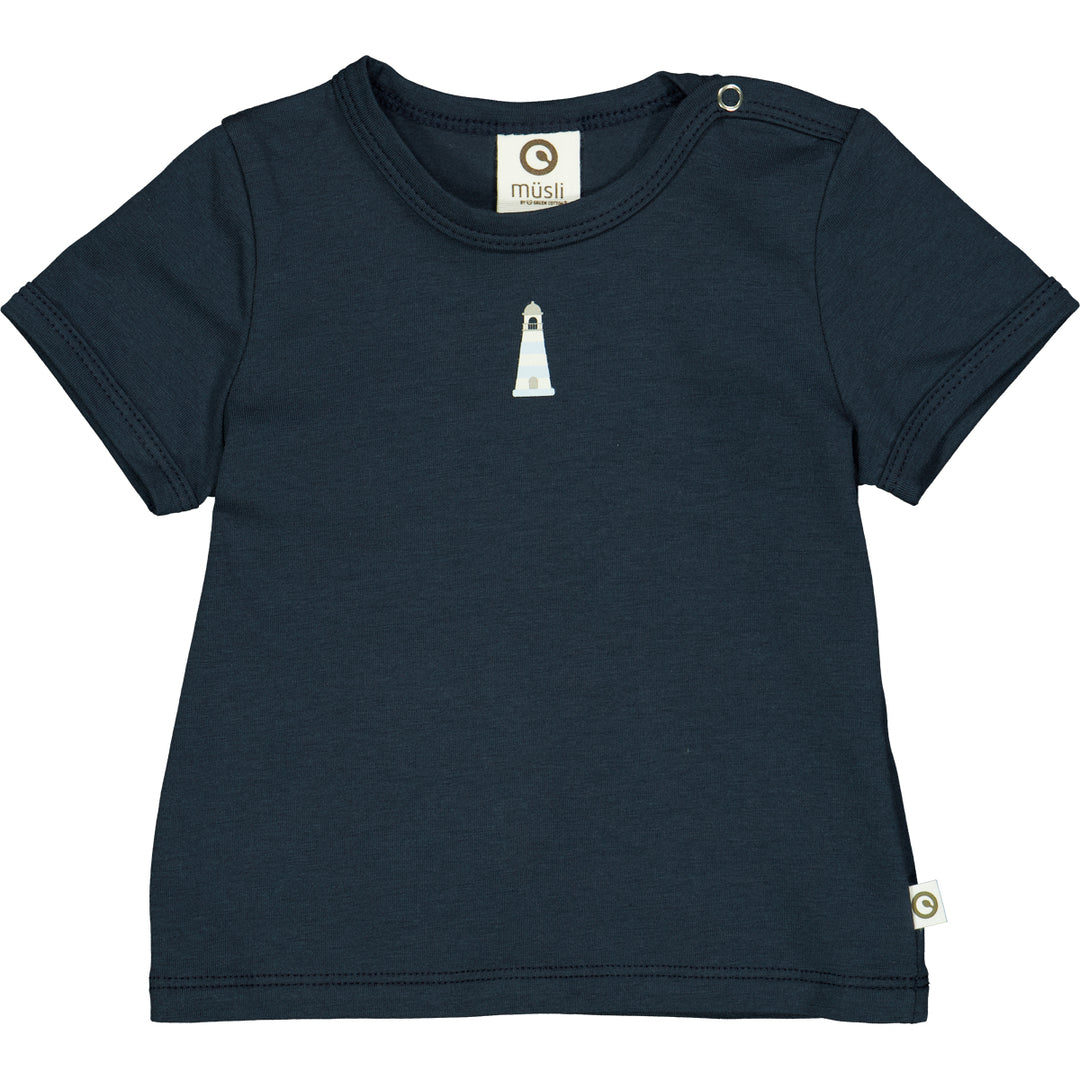 Tricou cu imprimeu far, bleumarin