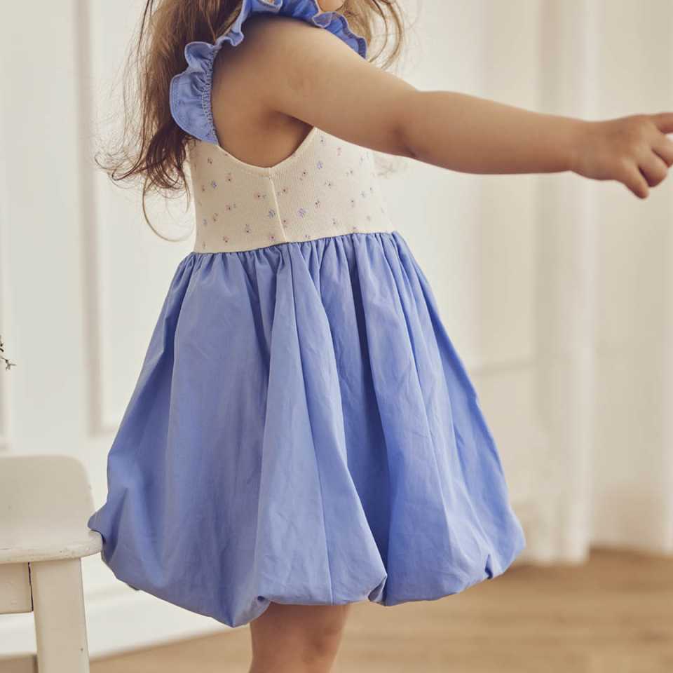 Rochie cu mâneci fluture și fustă bubble, bleu