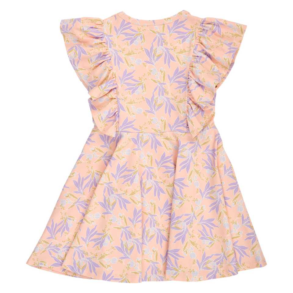 Rochie cu volănașe și imprimeu floral, piersică