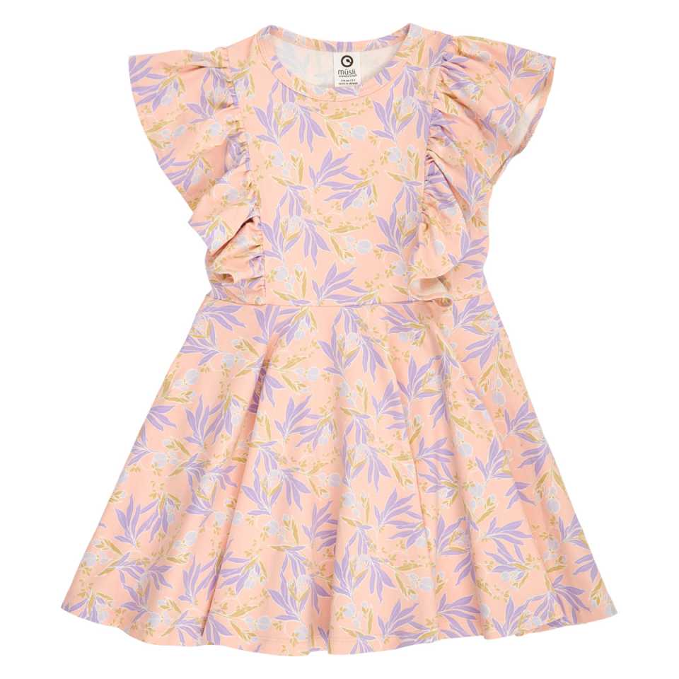 Rochie cu volănașe și imprimeu floral, piersică