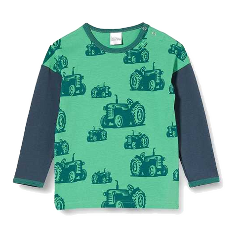 Bluză verde cu imprimeu tractorașe și mâneci contrastante