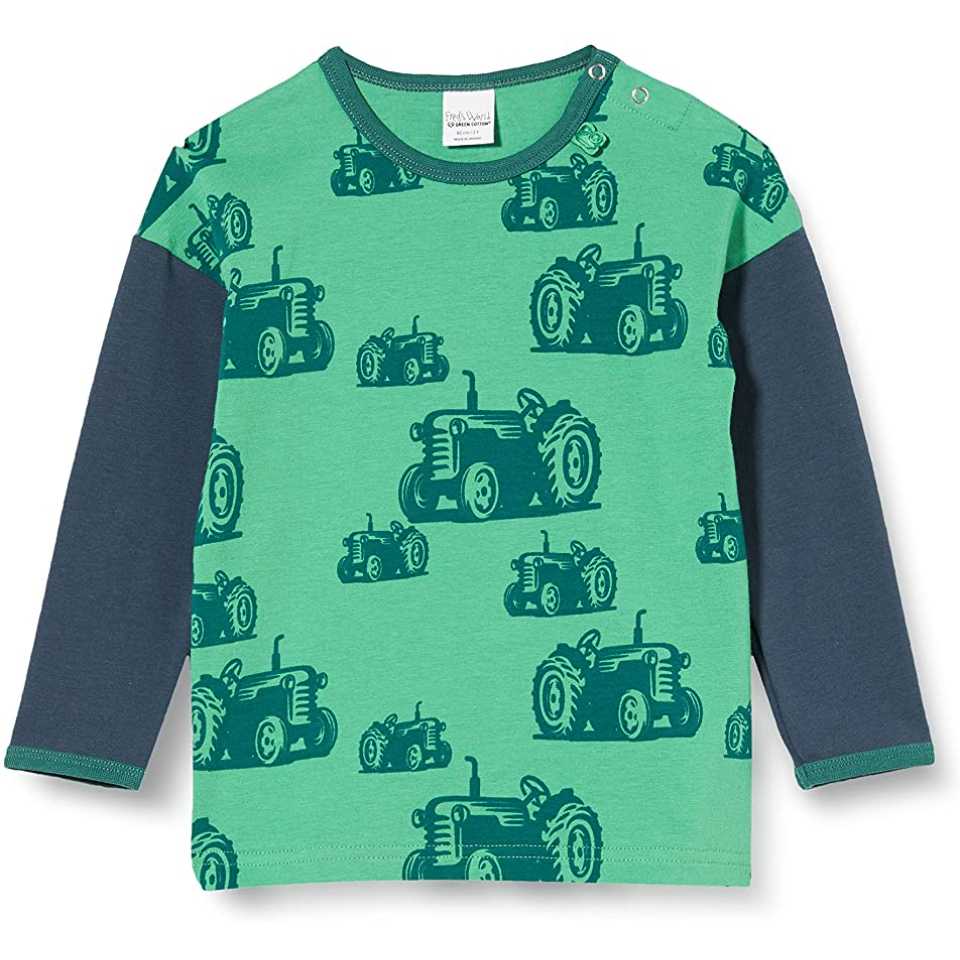 Bluză verde cu imprimeu tractorașe și mâneci contrastante