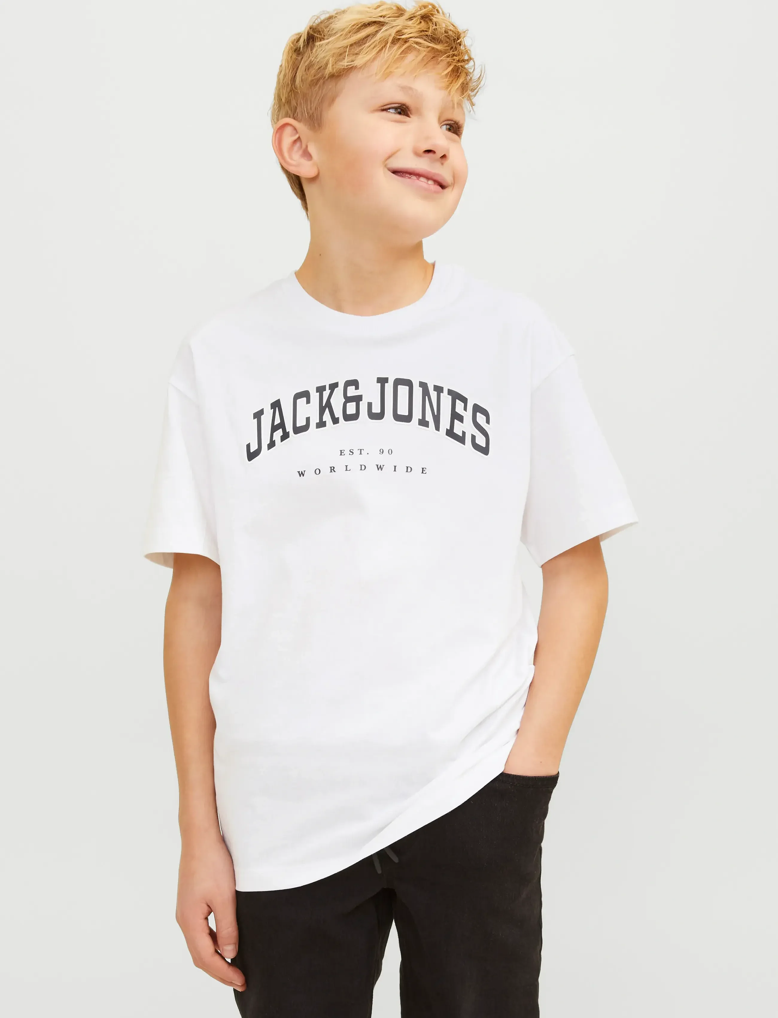 Tricou alb băieți cu logo varsity și croi lejer