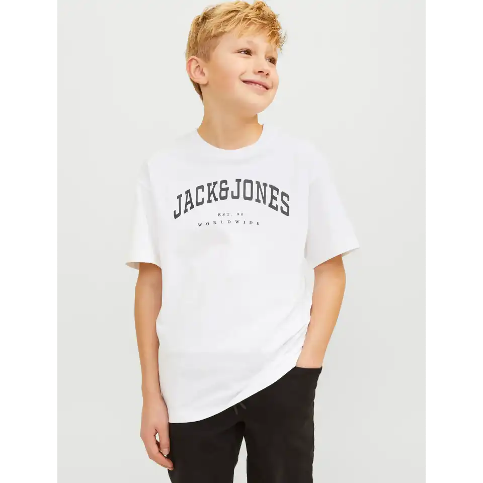 Tricou alb băieți cu logo varsity și croi lejer