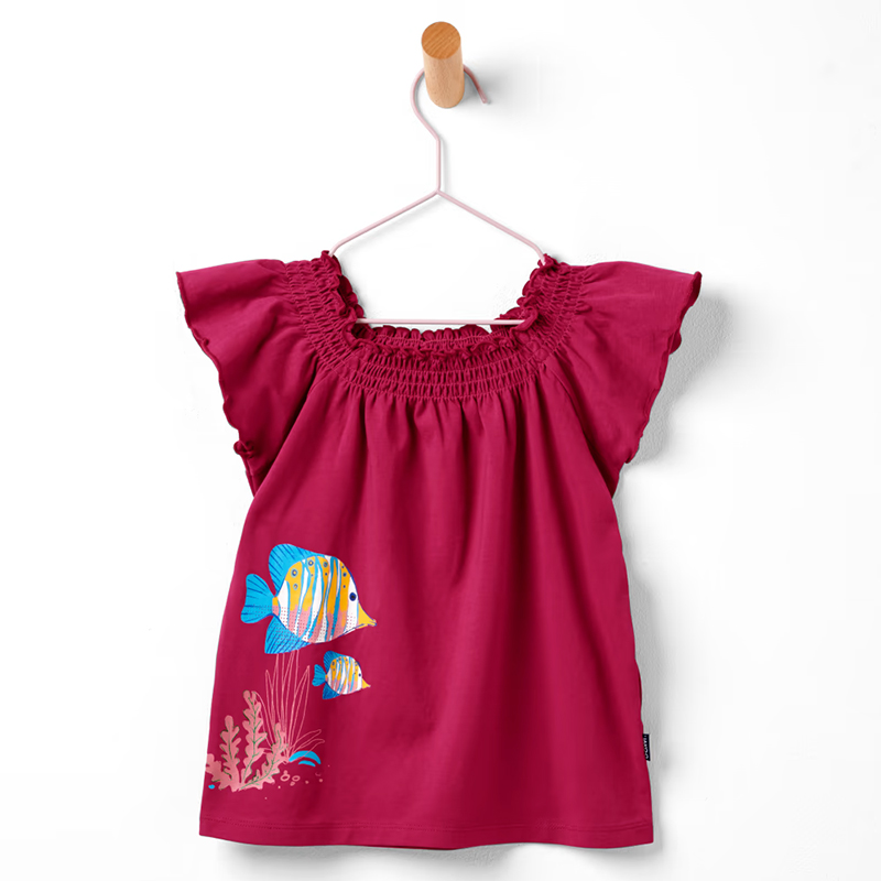 Tricou roz cu volănașe și imprimeu pești