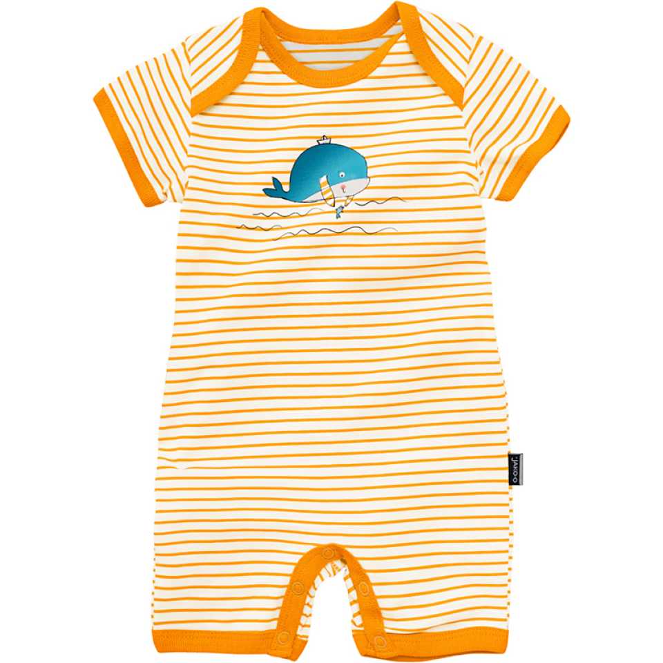 Salopetă scurtă cu dungi galbene și imprimeu balenă