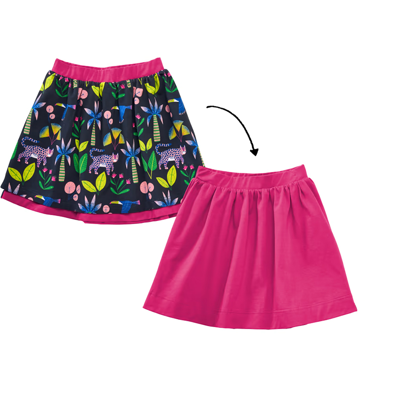 Fustiță roz reversibilă cu imprimeu palmieri și tigrii