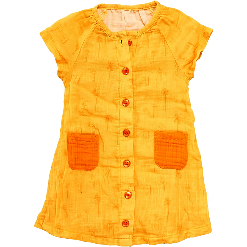 Rochiță galbenă cu buzunare portocalii din muselină