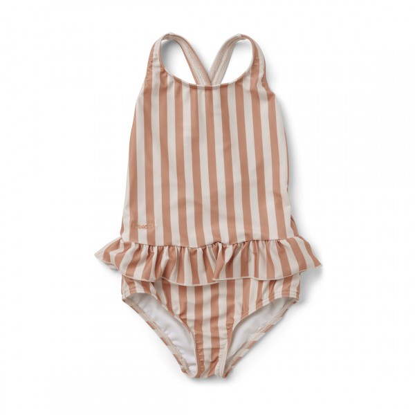 Costum de baie cu volănaș și dungi corai