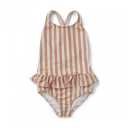 Costum de baie cu volănaș și dungi corai