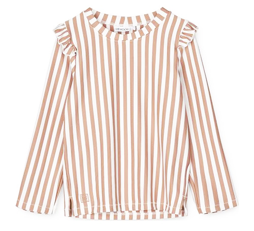 Bluză de baie cu volănașe și dungi corai