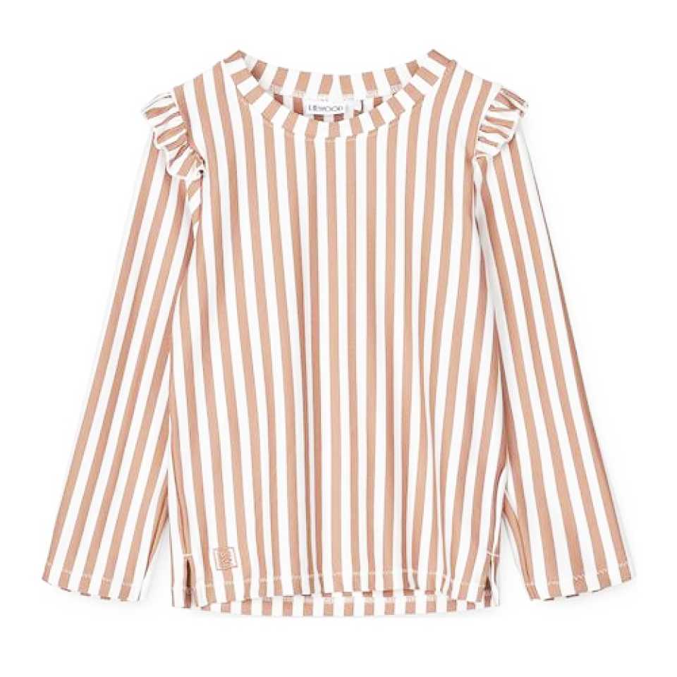 Bluză de baie cu volănașe și dungi corai