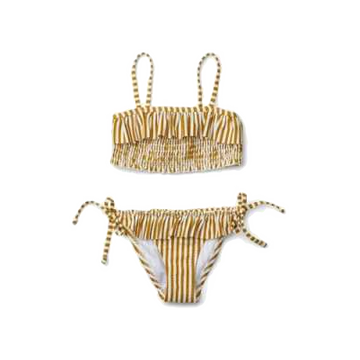 Set bikini Riley creponat cu dungi muștar si alb