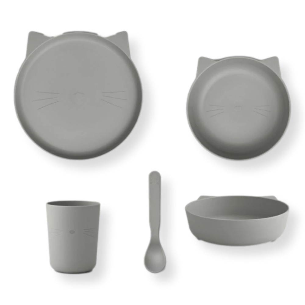 Set veselă, model pisicuță culoare gri închis