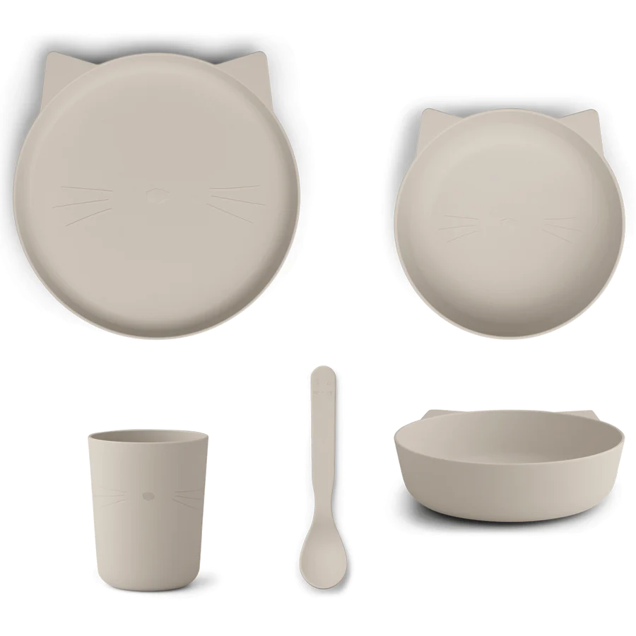 Set veselă, model pisicuță culoare gri deschis