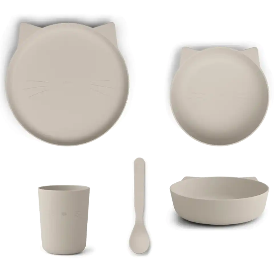 Set veselă, model pisicuță culoare gri deschis