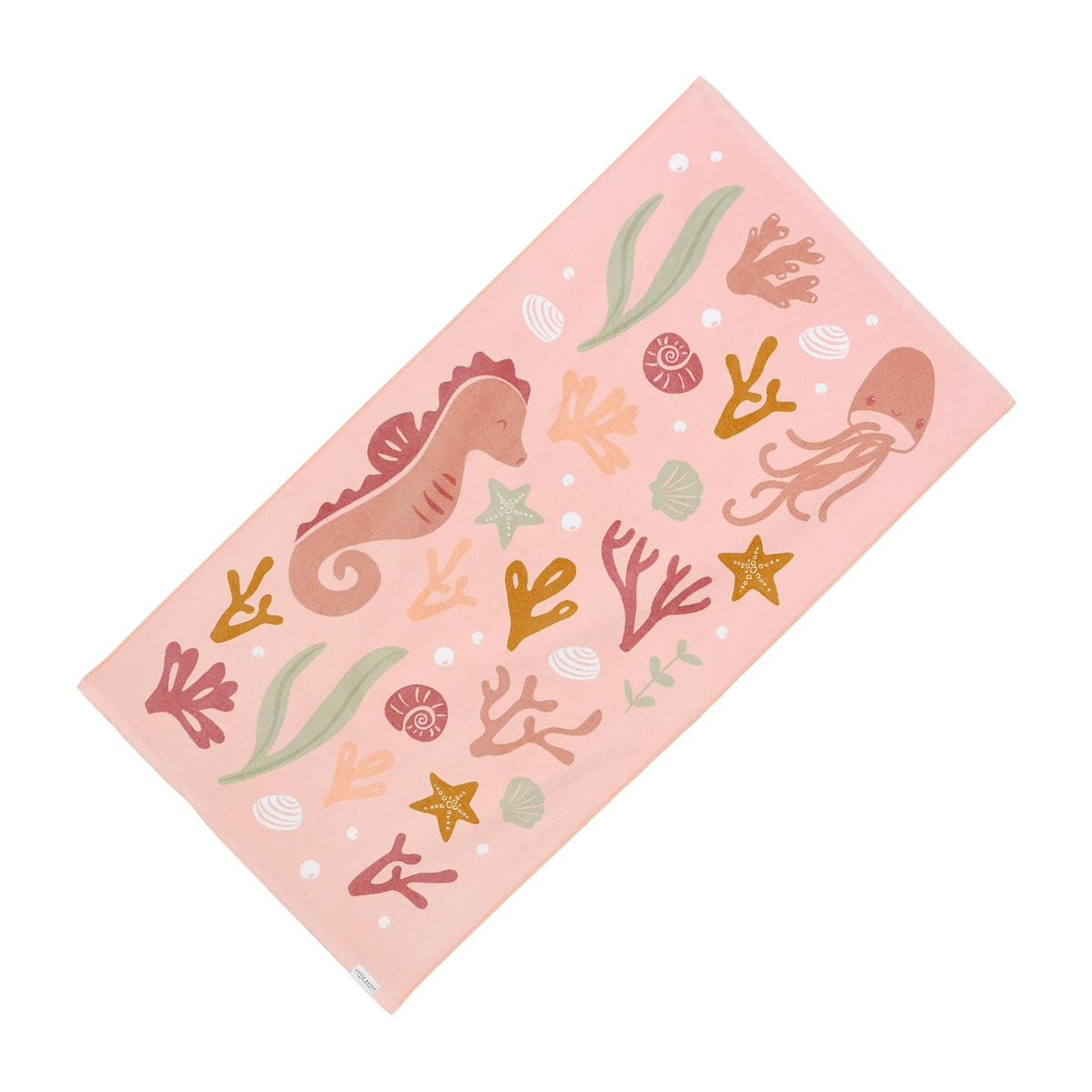 Prosop de plajă copii, roz cu imprimeu marin, bumbac organic, 60x120 cm