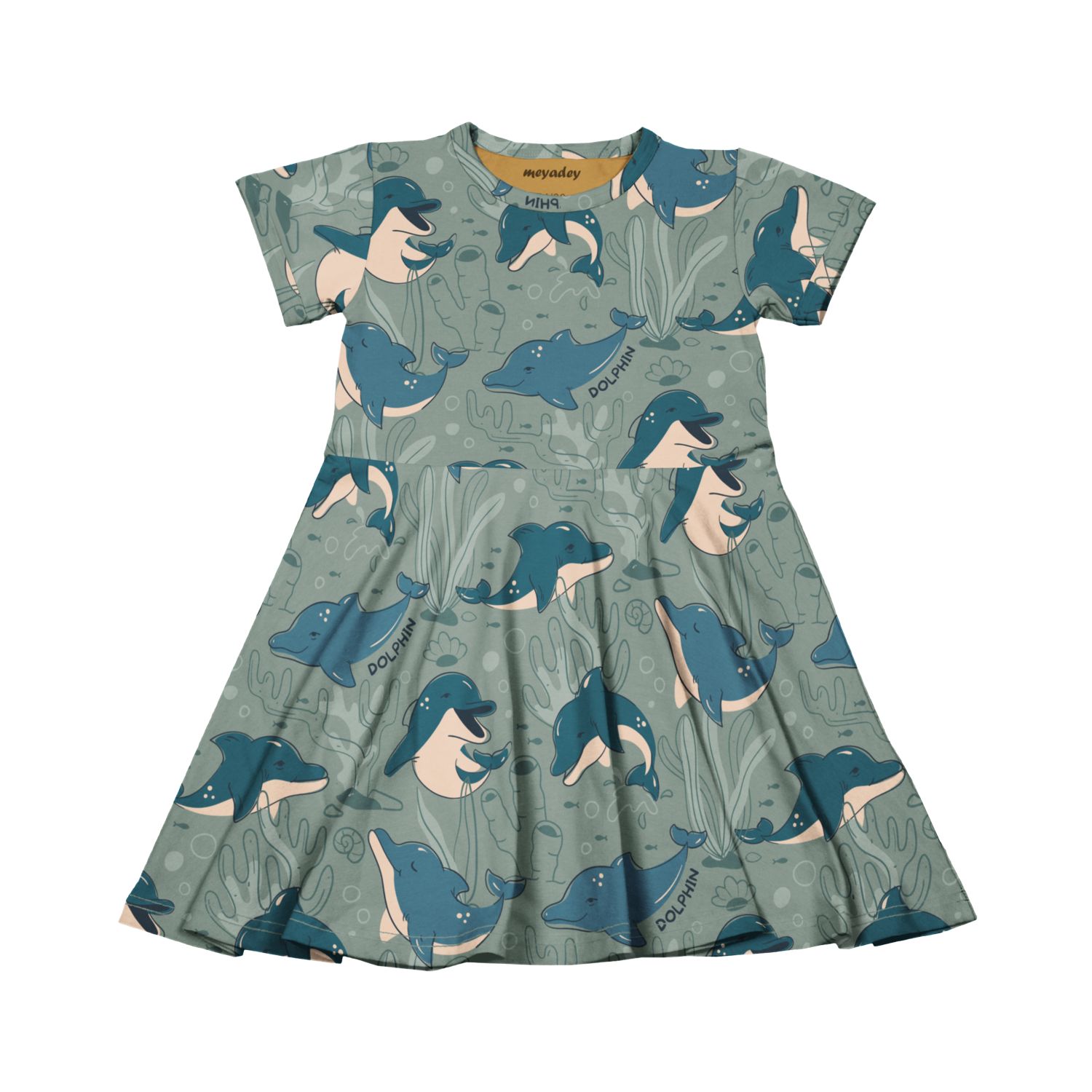 Rochie învârticioasă din bumbac organic, cu mânecă scurtă și imprimeu delfini