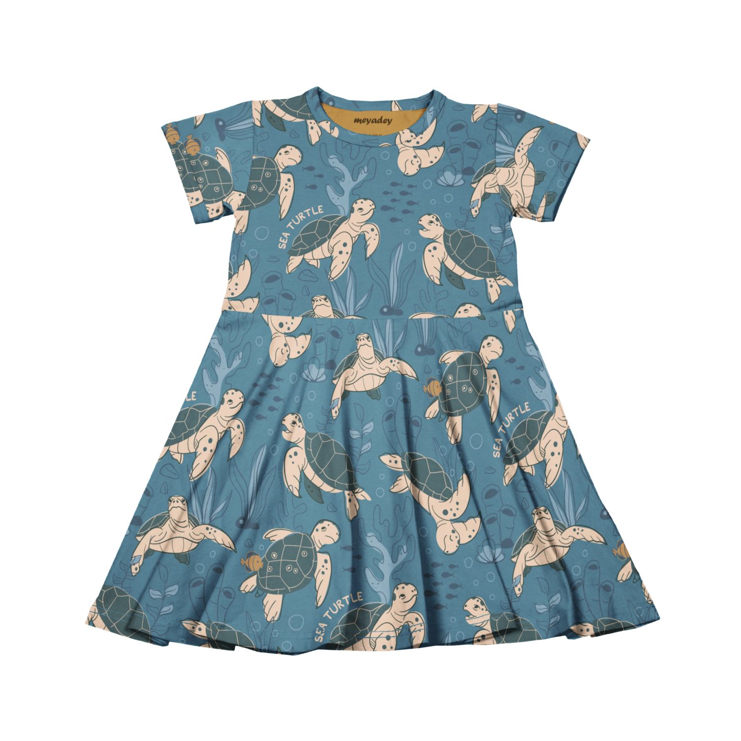 Rochie învârticioasă din bumbac organic, cu mânecă scurtă și imprimeu țestoase