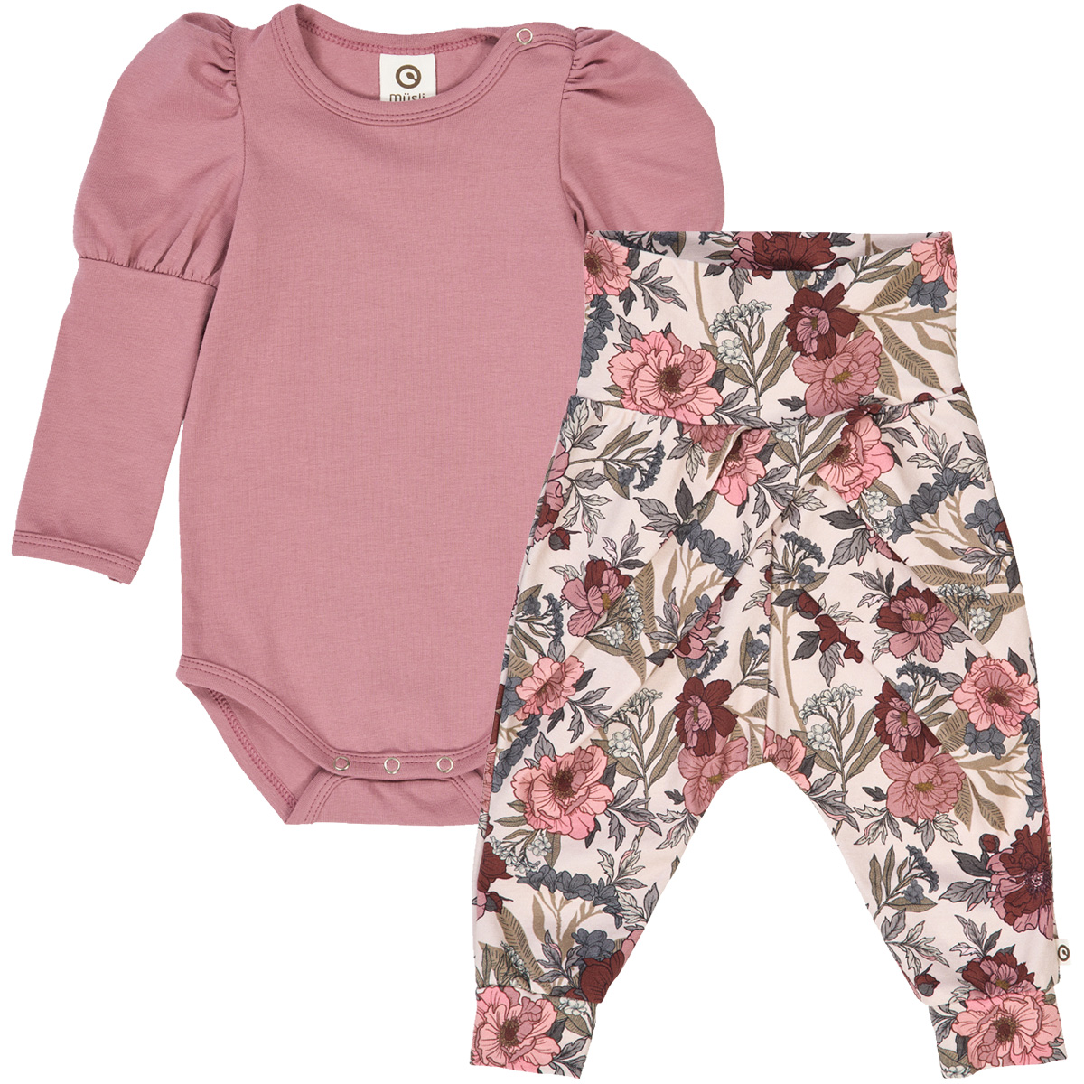 Set body cu mâneci bufante și pantaloni cu imprimeu floral