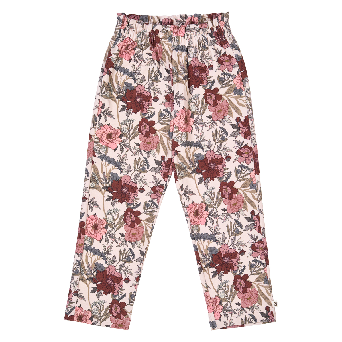 Pantaloni cu imprimeu floral și volănaș la talie