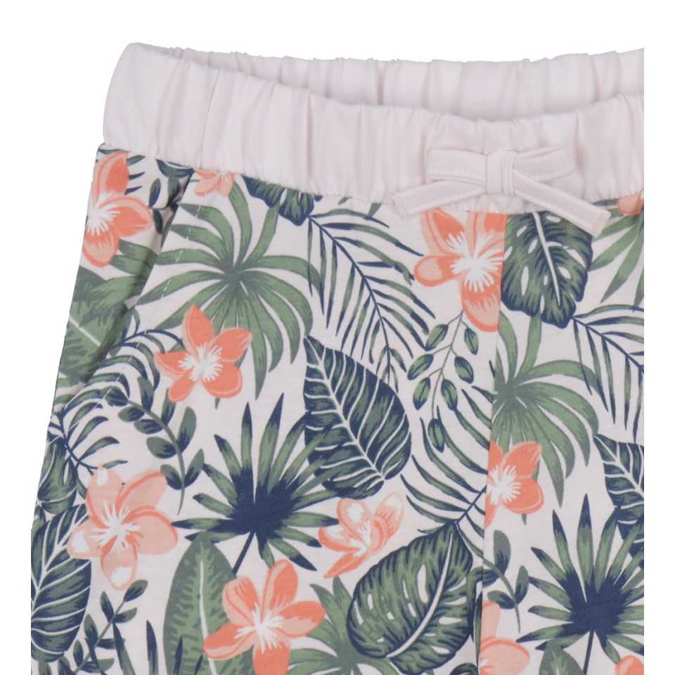 Pantaloni scurți albi cu flori tropicale roz