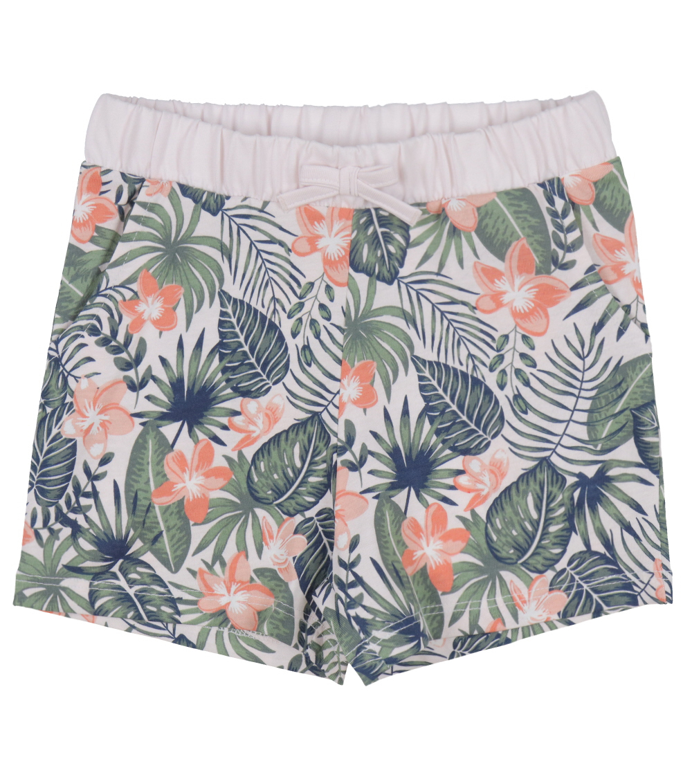 Pantaloni scurți albi cu flori tropicale roz