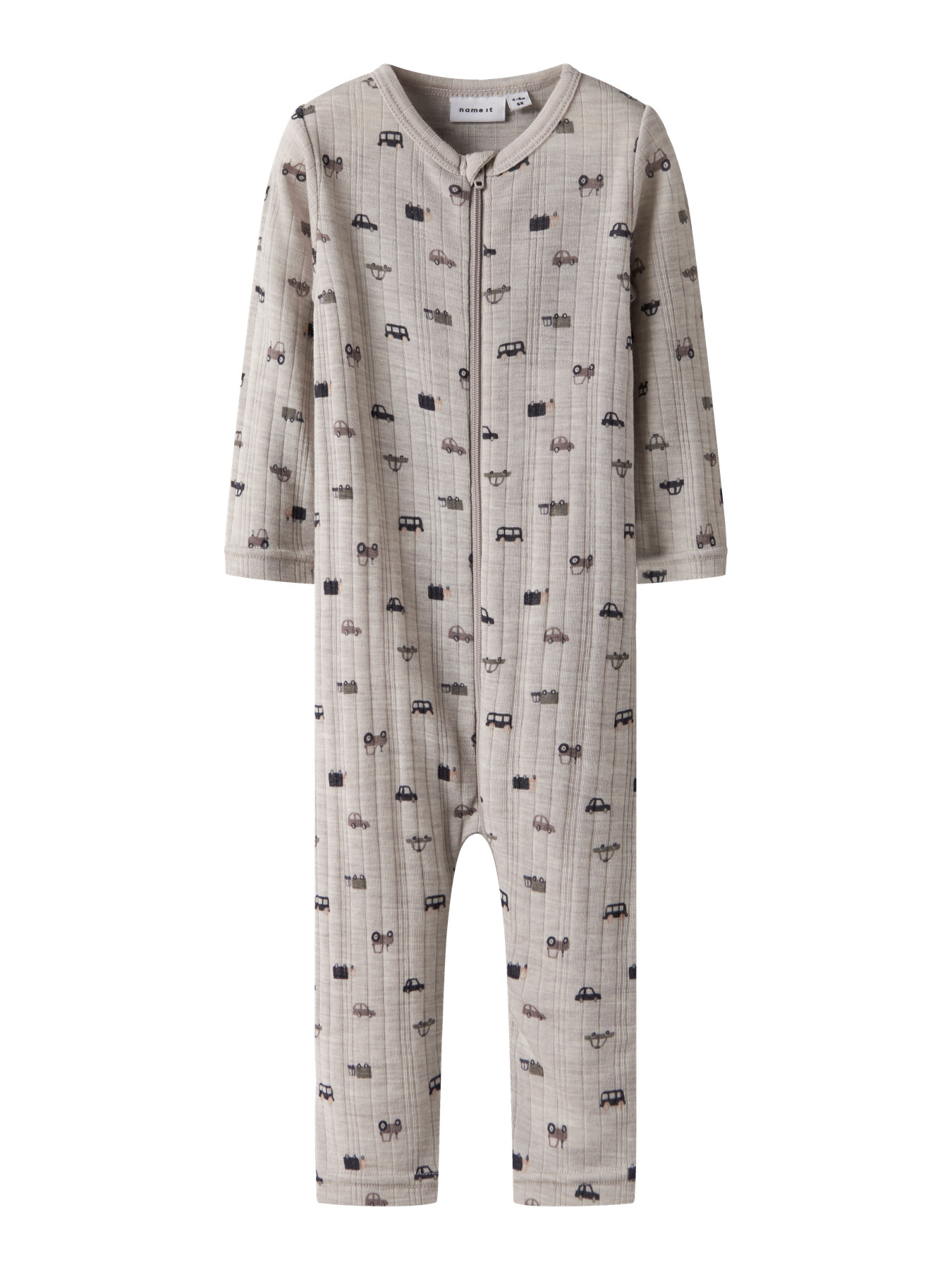 Salopetă bebeluși din lână merinos, bej cu imprimeu mașinuțe