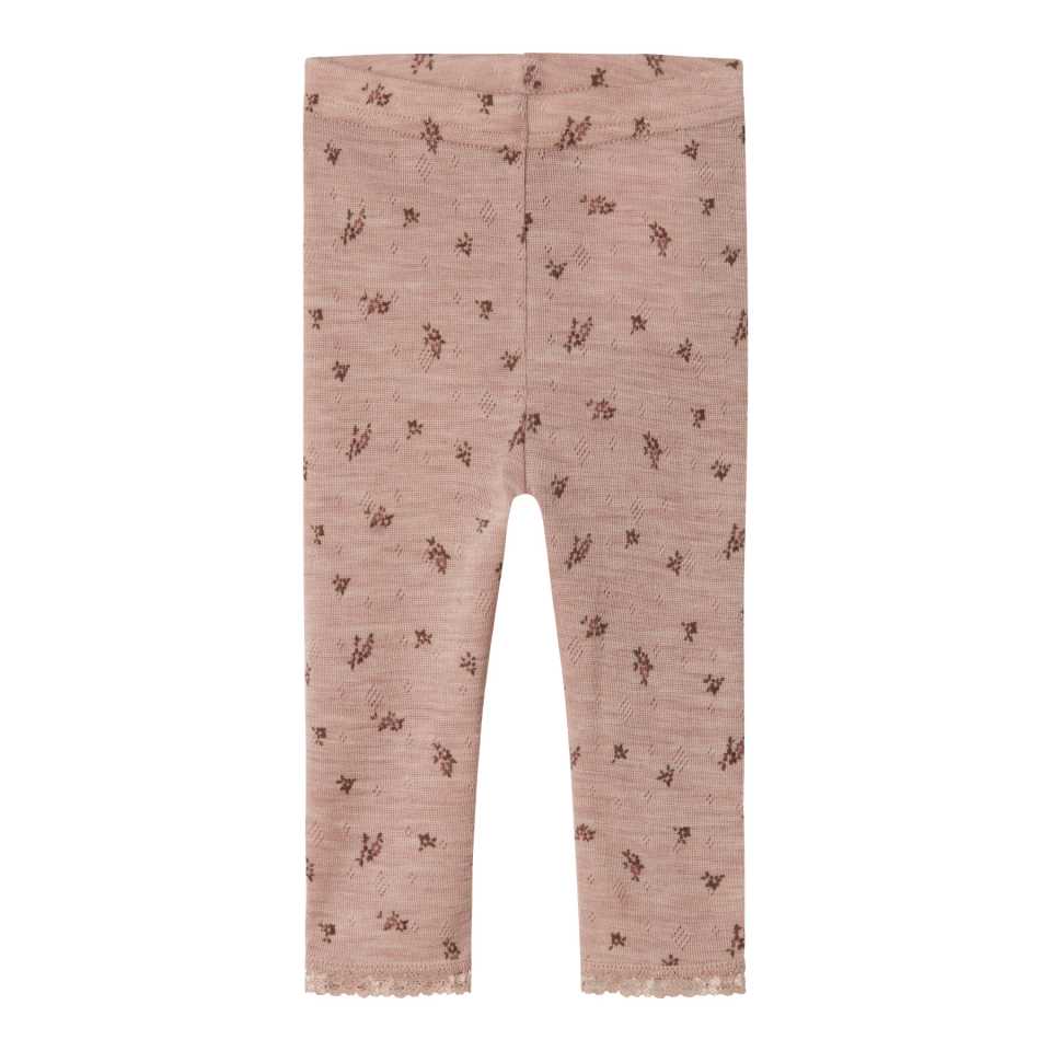 Colanți bebeluși din lână merinos cu imprimeu floricele,roz pudrat