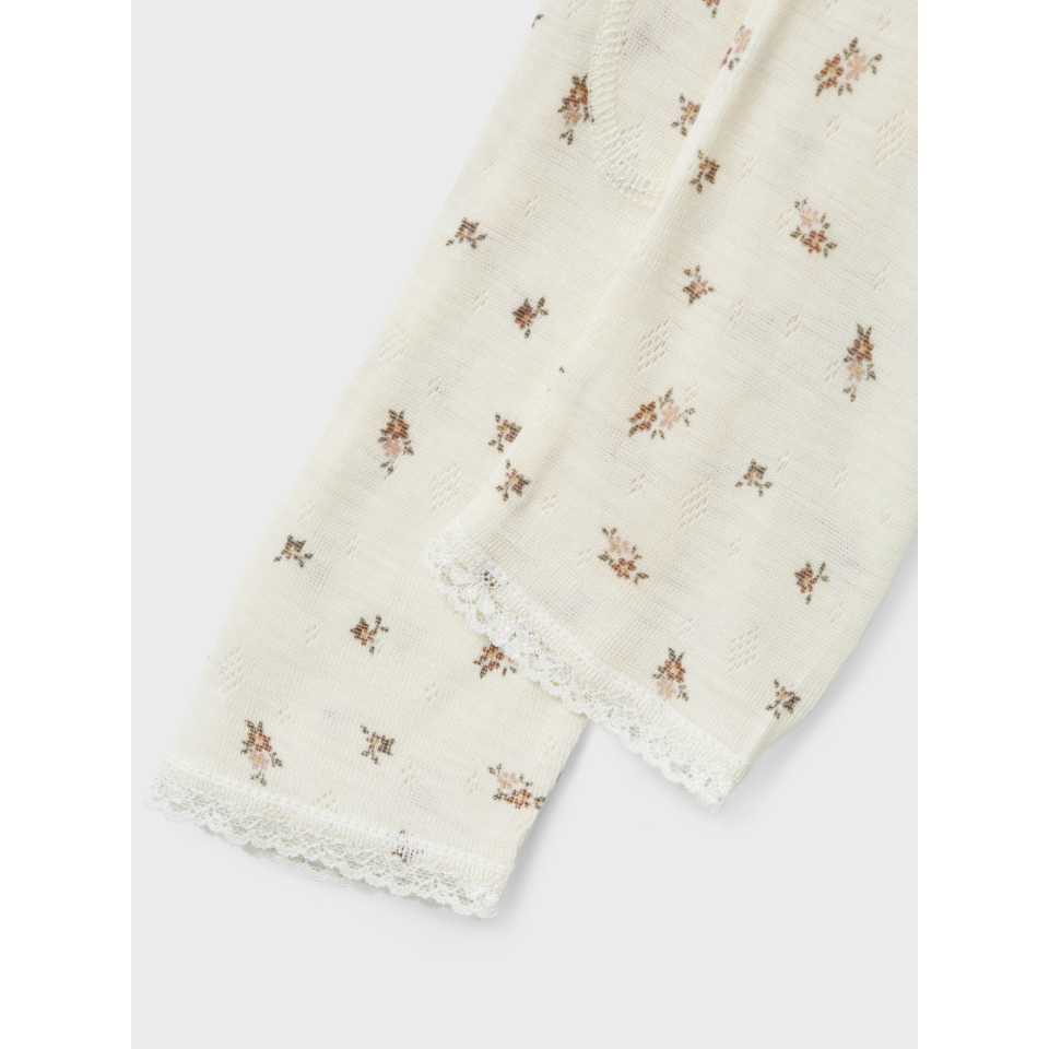 Colanți din lână merinos crem, cu floricele mici