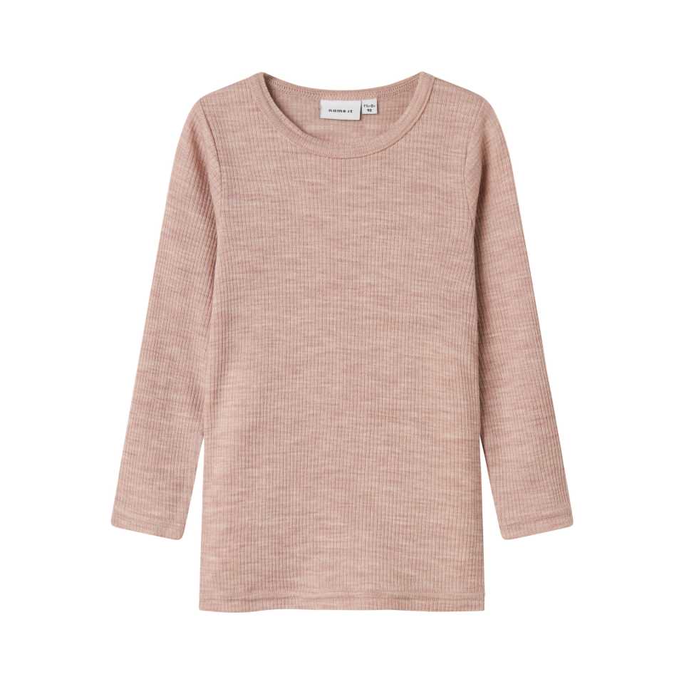 Bluză din lână merinos rib, roz pudrat