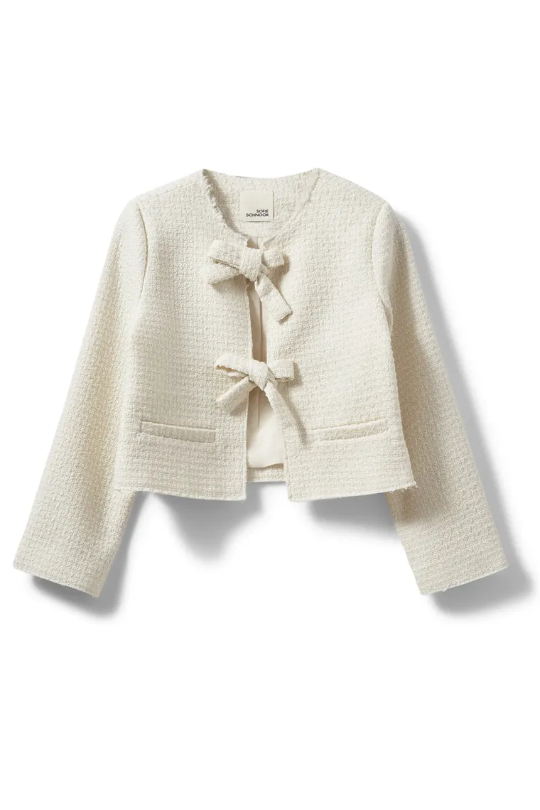Jachetă scurtă off-white din bouclé cu funde