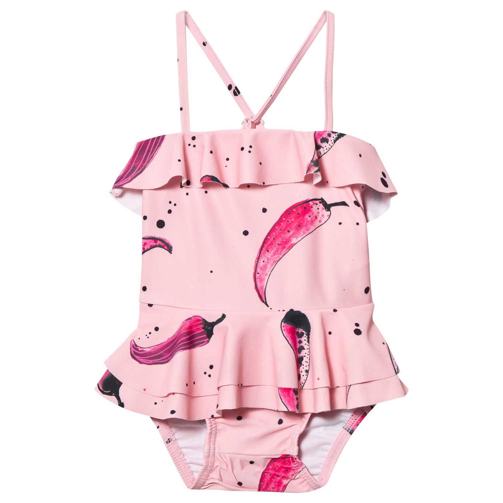 Costum de baie cu volănașe, roz pudrat