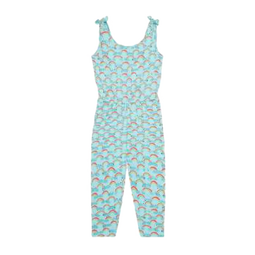 Salopetă bleu cu imprimeu curcubeu